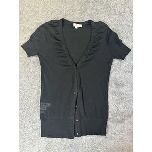 Women's Ann Taylor Loft Sweater Shirt Sz S Black Short Sleeve Knit Button Up